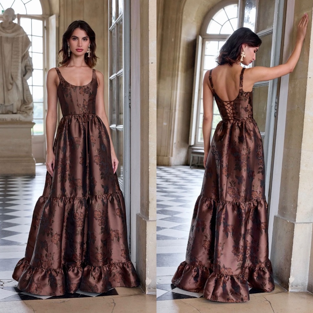 V. Chapman Brown Cocoa Baroque Floral Jacquard Midi Dress